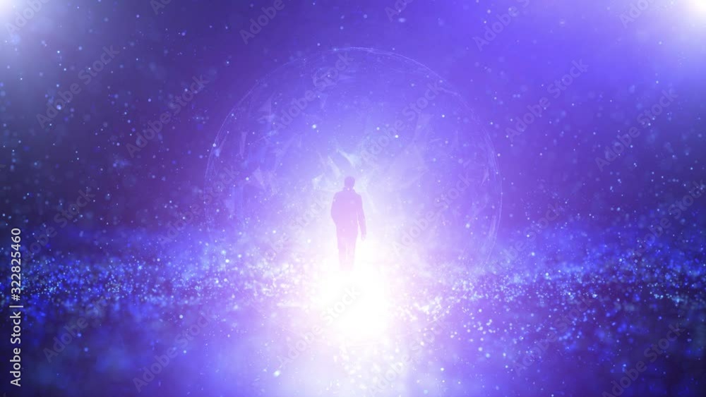 Poster artificial intelligence network with men walking towards shiny light.