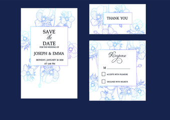 Vintage wedding invitation cards set with vector anemones. Card template. Place for your text.