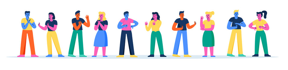 Horizontal banner with young men and women fighting, quarreling or arguing. Collection of couples having angry argument, disagreement, conflict or dispute. Modern flat cartoon vector illustration.