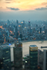 Tilt & shift photo of Shanghai nocturne skyline. Only central park in focus.