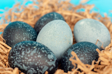 Beautiful colored Easter eggs of a dark color, like a cosmos, lie in a nest