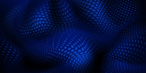 Abstract halftone background with wavy surface made of dots in blue colors
