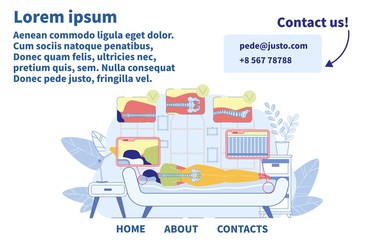 Caring for Back Health. Correct Sleeping Ergonomics and Human Body Posture, Mattress and Pillow Selection. Right Spine Alignment. Flat Design Landing Page with Contacts. Vector Cartoon Illustration
