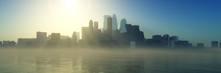 Fototapeta na wymiar Sunset over the modern city over the sea, city over the water in the morning, 3D rendering