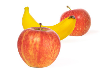 Composition of red apples and banana isolated on a white background. Healthy eating concept