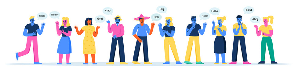 Fototapeta na wymiar Horizontal banner with cute men and women saying hello or greeting each other in foreign languages. Bundle of funny foreigners talking, having conversation or dialog. Flat cartoon vector illustration.