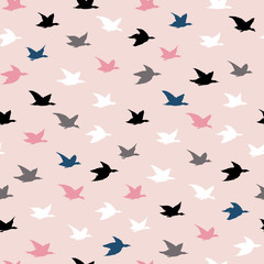 Childish Colorful Crane Birds Japanese Print. Seamless Pattern with Simple Birds Silhouettes for pillows print design, wallpapers, backdrops or fabric textile. Flying elegant swallows on pink