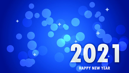 Happy New Year 2021 Greeting card with blue blurred bokeh light and white text background. Abstract and background concept. Holiday and event, Vector illustration wallpaper poster graphic design