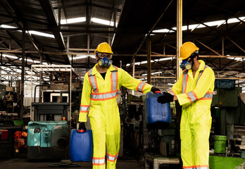 engineer working in industrial company with mechanical   receiving toxic substances.Hazardous substances the leak of a hazardous chemical in a chemical plant.  