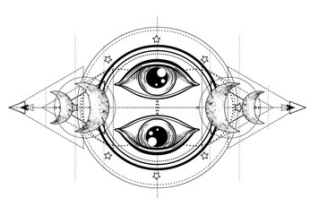 Eye of Providence. Masonic symbol. All seeing eye inside triple moon pagan Wicca moon goddess symbol. Vector illustration. Tattoo, astrology, alchemy, boho and magic symbol. Coloring book.