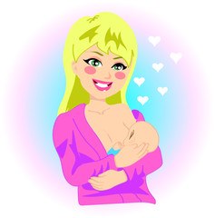 Young beautiful blonde mother woman breastfeeding baby boy, wearing shirt