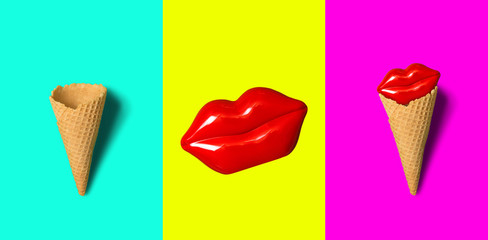 Sexy red lips waffle cone pop art collage neon colors