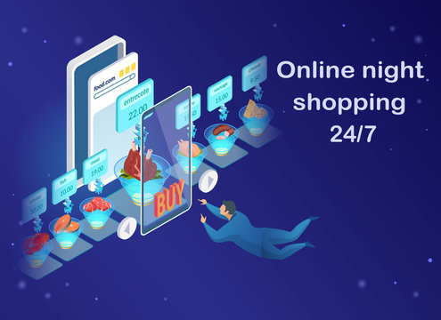 Online Night Shopping Flat Cartoon Banner Vector Illustration. Internet Food Store Concept Landing Page. E-Commerce on Mobile Phone. Dish Delivery Website Design. Man in Suit Buying Products.