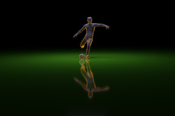 Front view of a football player kicking a ball. 3D rendering.
