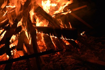 fire and wood at night