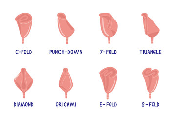 Set of hand drawn illustrations of menstrual cup folding methods. How to fold menstrual cup. Zero waste concept. Vector flat cartoon illustration - obrazy, fototapety, plakaty