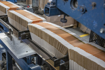 Industrial workshop of the Lambumiz plant. Production of laminated cardboard food packaging. Moscow, Russia