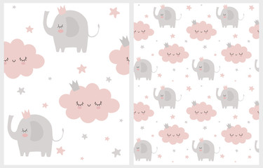 Lovely Vector Pattern with Cute Baby Elephant, Clouds and Stars. Simple Hand Drawn Infantile Style Vector Print for Fabric, Card. Sweet Nursery Vector Print with Cloud and Elephant Wearing a Crown.