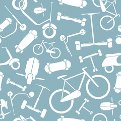 Eco-friendly transport background - Vector seamless pattern silhouettes of scooter, monowheel, hoverboard, bicycle and skateboard for graphic design © Pavel-reDesign