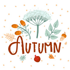 Autumn leaves with inscription. Vector cartoon illustration