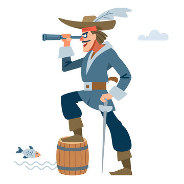 recommend clip art: Pirate captain character with looking through a telescope and rejoices at the prey. Vector cartoon flat illustration