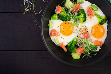 Ketogenic/paleo diet. Fried eggs, salmon, broccoli and microgreen.  Keto breakfast. Brunch.  Top view, overhead