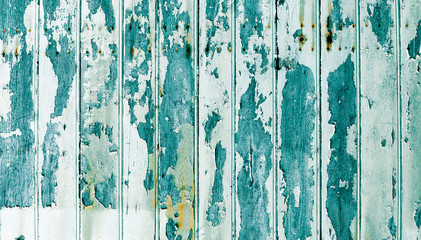 Old wood plank blue and green texture with chipped white paint scratched and damaged by time with rusty stains from old nails as background, rustic wooden aqua backdrop