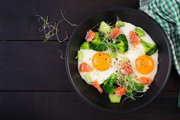Ketogenic/paleo diet. Fried eggs, salmon, broccoli and microgreen.  Keto breakfast. Brunch.  Top view, overhead