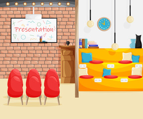 Vector Interior of coworking space with two areas in cartoon flat style. Concept design of co-working place with one zone for group meeting and presentation and another zone for single freelance work