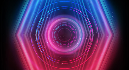 Background of empty show scene. Empty dark modern abstract neon background. Glow of neon lights on an empty stage, diodes, rays and lines. Lights of the night city.