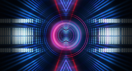Background of empty show scene. Empty dark modern abstract neon background. Glow of neon lights on an empty stage, diodes, rays and lines. Lights of the night city.