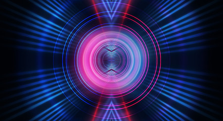 Background of empty show scene. Empty dark modern abstract neon background. Glow of neon lights on an empty stage, diodes, rays and lines. Lights of the night city.