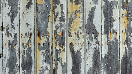 Old wood plank gray texture with chipped white paint scratched and damaged by time with red spots from rusty nails as background, rustic wooden backdrop