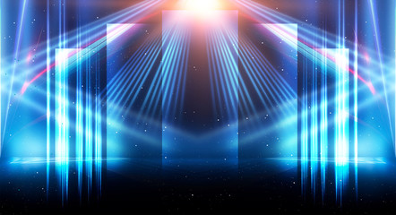 Naklejka premium Background of empty show scene. Empty dark modern abstract neon background. Glow of neon lights on an empty stage, diodes, rays and lines. Lights of the night city.
