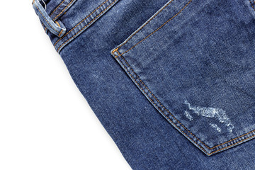 Details of blue jeans in zipper, pockets