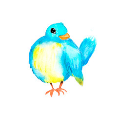 Hand-drawn watercolor abstract blue bird. Hand-drawn character Isolated on a white background.