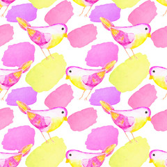 Seamless watercolor pattern with hand-drawn watercolor yellow-pink bird and watercolor spots. Endless ornament for fabric,invitations, wrapping paper, cards and other materials.