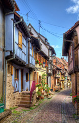 Fototapeta na wymiar Charming Street with Old Houses in Beautiful Eguisheim, France