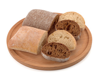 Ciabatta Italian bread white and dark, isolated on a white background