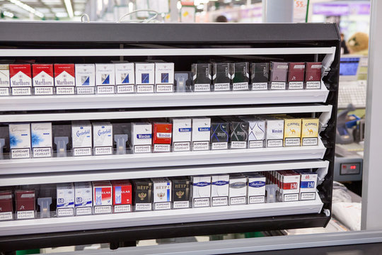 Special Lockable Box For Cigaretes Sale Is In Russian Supermarket. Laying Out And Demonstration Of Tobacco Products In A Retail Facility Is Prohibited