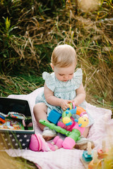 Happy child playing toys in the park. Cute baby girl sitting on blanket on the grass. Summer portrait toddler, kid.