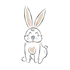 Cute bunny cartoon in hand drawn outline style.