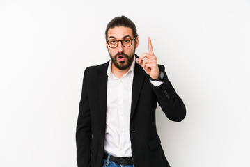 Young caucasian business man isolated on a white background having an idea, inspiration concept.