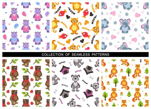 Set of children's seamless patterns on a white background. Zoo theme. Cute cat, hippo, elephant, fox, dog, bear.  Repeating texture for wallpaper design, textile, wrapping paper. Vector illustration.