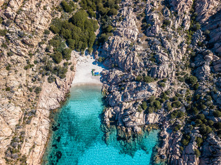 Aerial view of the coast of Cala Coticcio, one of the most Beautiful beaches in the world, Island of La Maddalena, Sardinia.