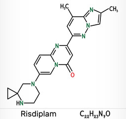 Risdiplam, RG7916, C22H23N7O molecule. It is an experimental drug for treatment spinal muscular atrophy, SMA. Skeletal chemical formula