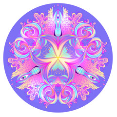 Psychedelic mandala. Mandala. Beautiful vintage round pattern. Vector illustration. Psychedelic neon composition. 