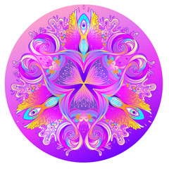 Psychedelic mandala. Mandala. Beautiful vintage round pattern. Vector illustration. Psychedelic neon composition. 