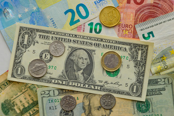 Euro and US dollars coins and banknotes