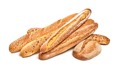 Assortment of baked bread, baguette with seed, sesame, sunflower, pumpkin. Multigrain bakery products isolated on white. Different fresh bread, bun, french baguettes wheat, buckwheat, food background
